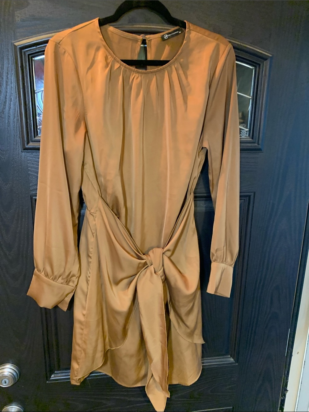 Pretty Garden Women’s Tie-Waist Long Sleeve Satin Dress in Cappucino